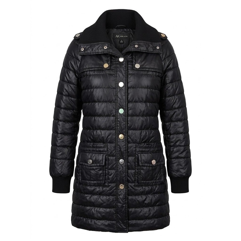 AK Anne Klein Puffer Coat Womens M Black Quilted Mid-Length Snap Front Jacket
